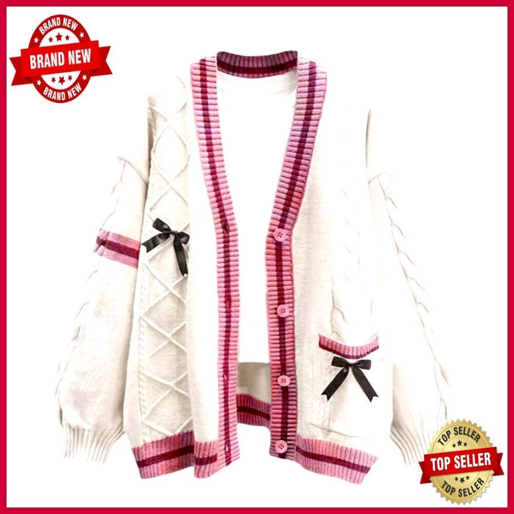 Long Sleeve Cardigan with Bowknot, V-Neck, Button Up, Regular Fit